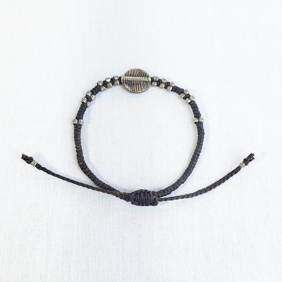 Handmade waxed cotton & authentic fine Hill tribe silver bracelet