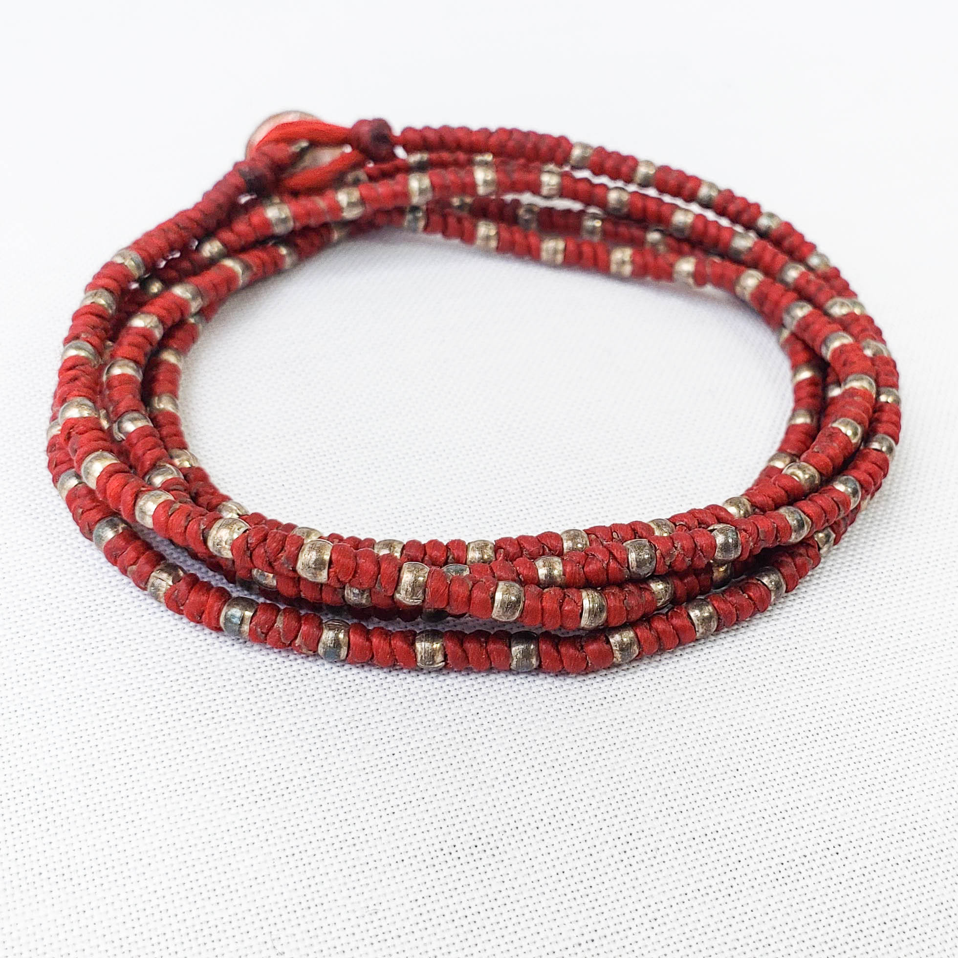 Handcrafted lava red waxed cotton bracelet with authentic fine Karen hill tribe silver